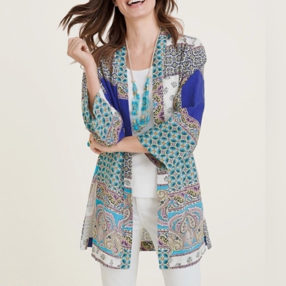 Chico's Patchwork Linen Long Kimono Duster Cardigan Topper Mixed Media Size 8/10 - Picture 1 of 13